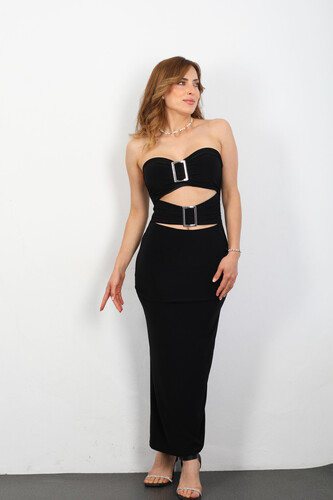 Berox - Dekolteli Tokalı Sandy Siyah Kadın Midi Elbise (1)