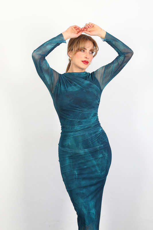 Berox - Desenli Büzgülü Tül Petrol Yeşili Kadın Maxi Elbise (1)