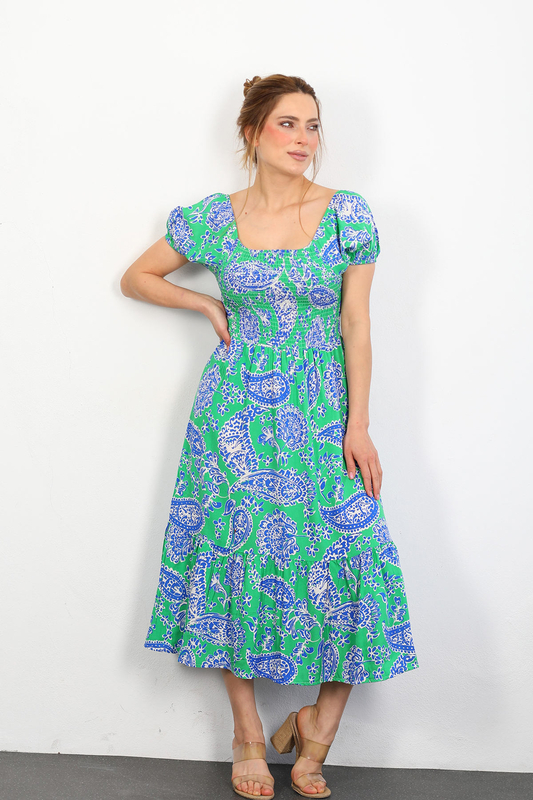 Berox - Desenli Gipeli Kadın Mavi Volanlı Lara Elbise