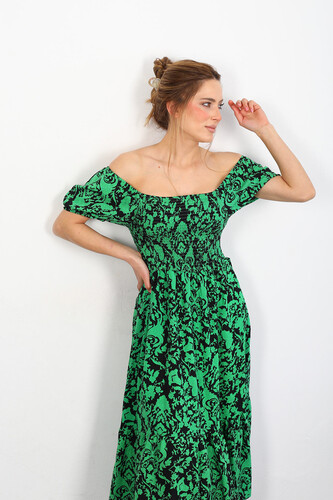 Berox - Desenli Gipeli Kadın Zümrüt Yeşili Volanlı Lara Elbise (1)