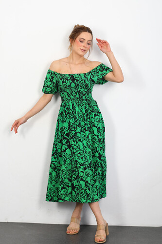 Berox - Desenli Gipeli Kadın Zümrüt Yeşili Volanlı Lara Elbise