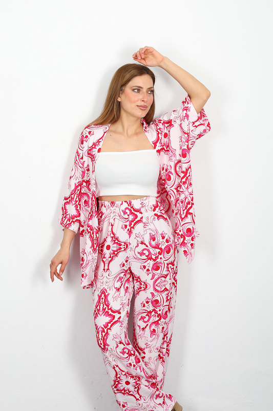 Berox - Desenli Kadın Fuşya Kimono Takım (1)