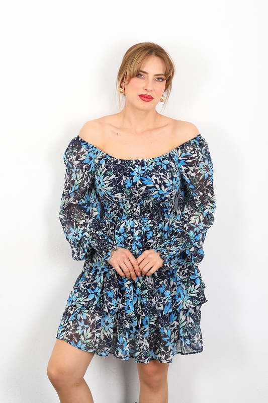 Berox - Desenli Kadın Mavi Katlı Şifon Elbise (1)