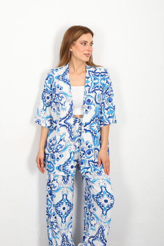 Berox - Desenli Kadın Mavi Kimono Takım (1)