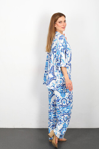 Desenli Kadın Mavi Kimono Takım - Thumbnail