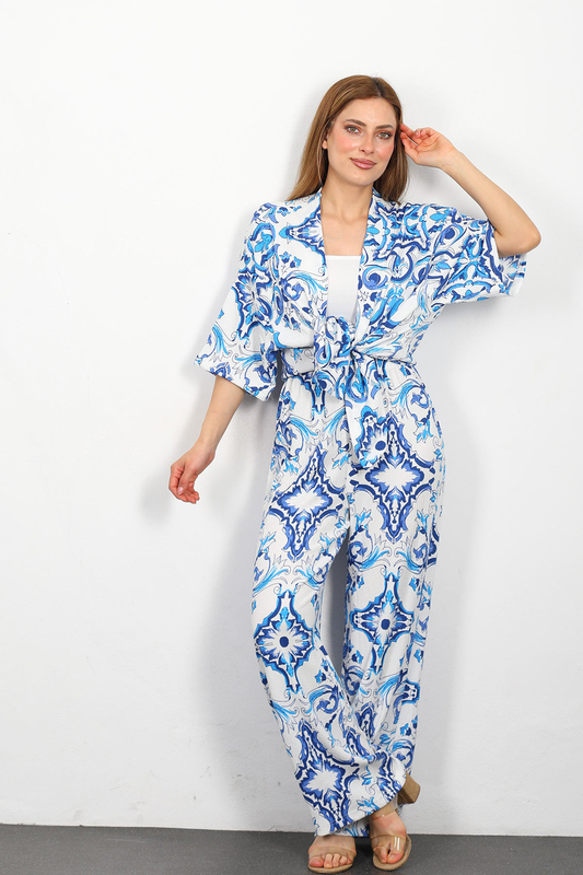 Berox - Desenli Kadın Mavi Kimono Takım