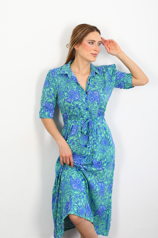 Berox - Desenli Kadın Mavi Lili Gömlek Elbise (1)