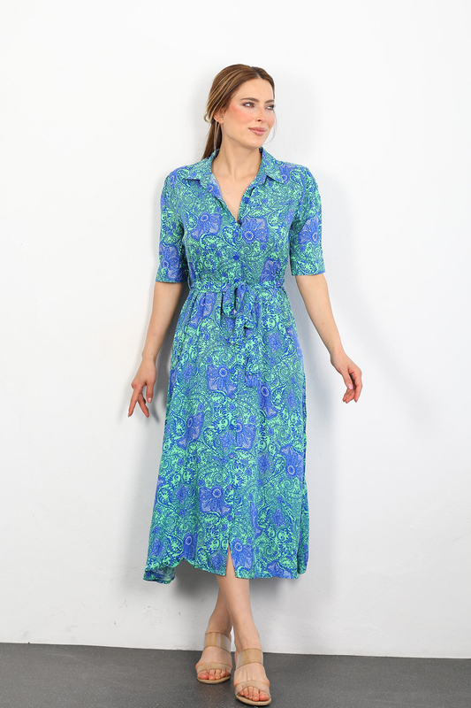 Berox - Desenli Kadın Mavi Lili Gömlek Elbise