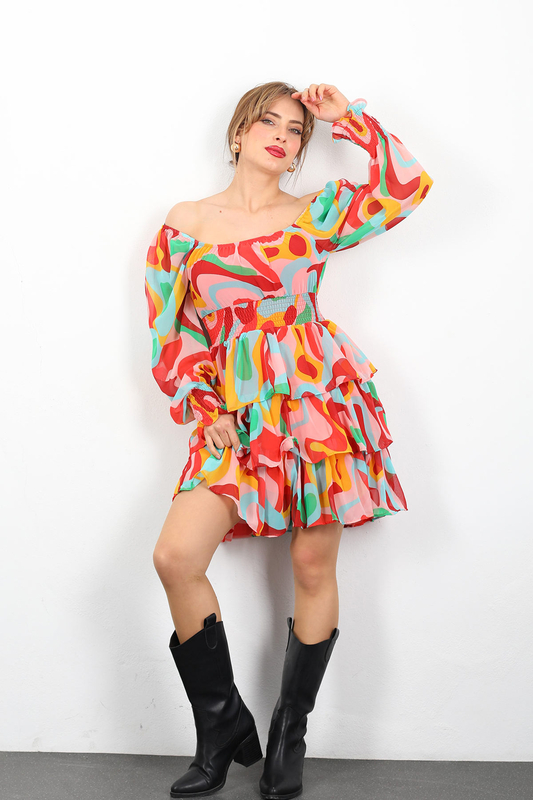 Berox - Desenli Kadın Pembe Katlı Şifon Elbise