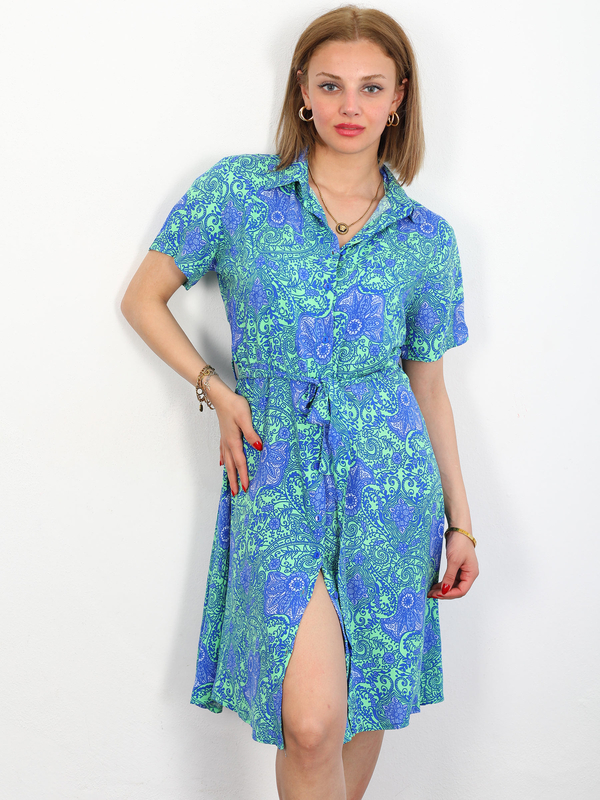 Berox - Desenli Kadın Yeşil Lili Gömlek Elbise