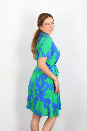 Desenli Kadın Yeşil Lili Gömlek Elbise - Thumbnail