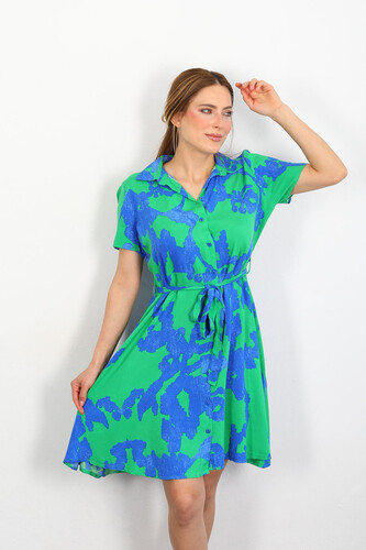 Desenli Kadın Yeşil Lili Gömlek Elbise - Thumbnail