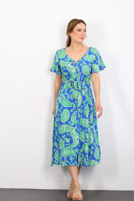 Berox - Desenli V Yaka Kadın Yeşil Kuşaklı Gömlek Elbise