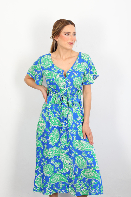 Berox - Desenli V Yaka Kadın Yeşil Kuşaklı Gömlek Elbise (1)