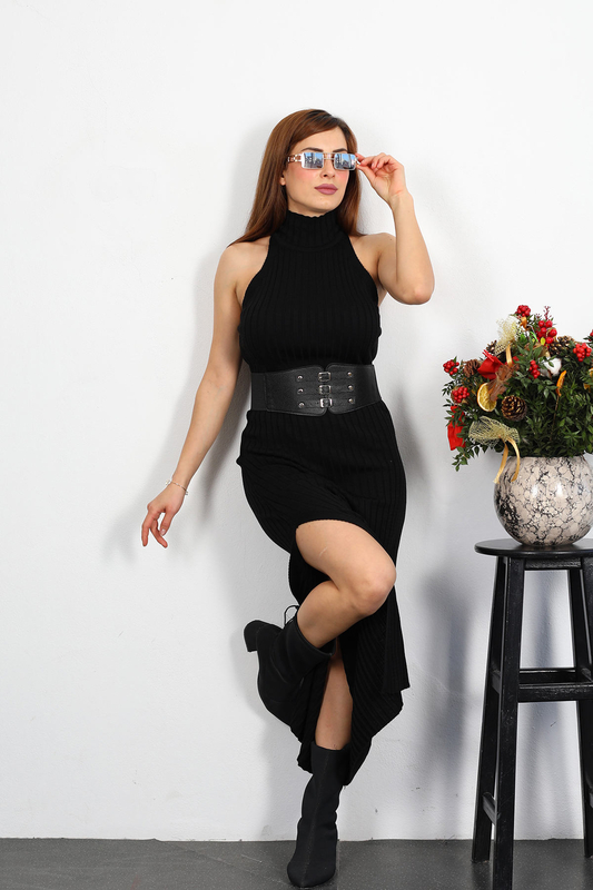 Berox - Dik Yaka Kadın Siyah Kolsuz Triko Elbise (1)