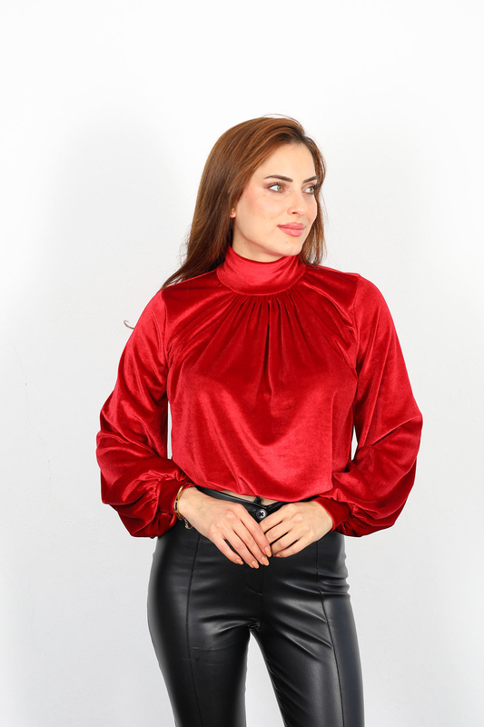 Berox - Dik Yaka Önü Büzgülü Kadın Kırmızı Kadife Bluz (1)