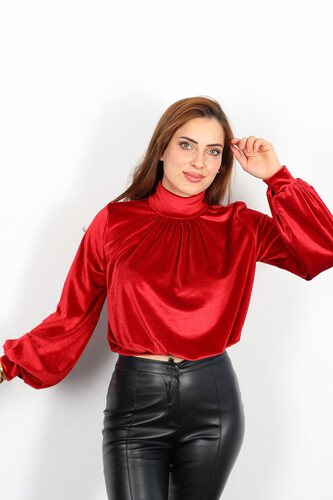 Berox - Dik Yaka Önü Büzgülü Kadın Kırmızı Kadife Bluz