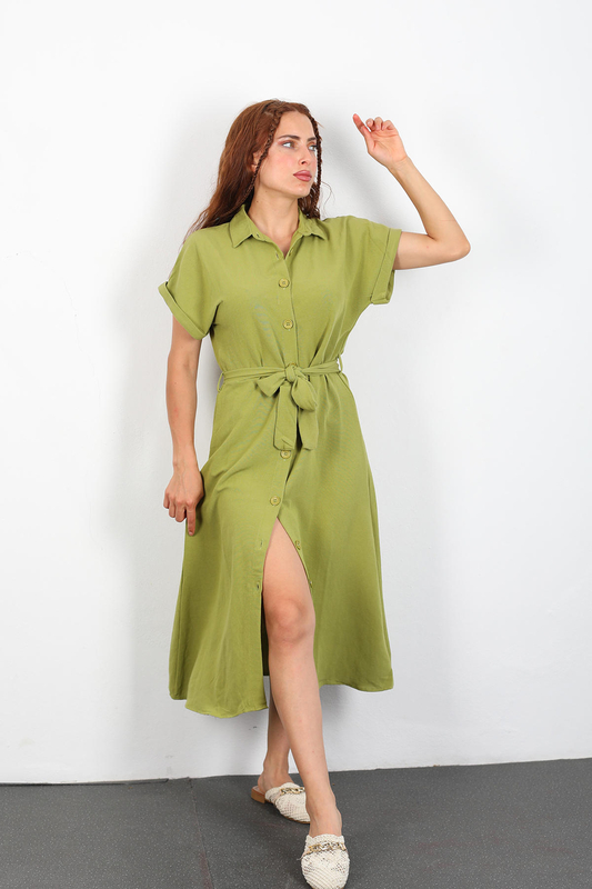 Berox - Duble Kol Düğmeli Yeşil Kadın Keten Elbise