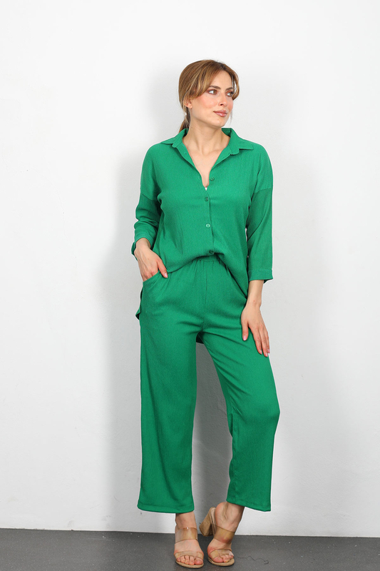 Berox - Duble Kol Kadın Zümrüt Yeşili Bürümcük Gömlek Takım (1)