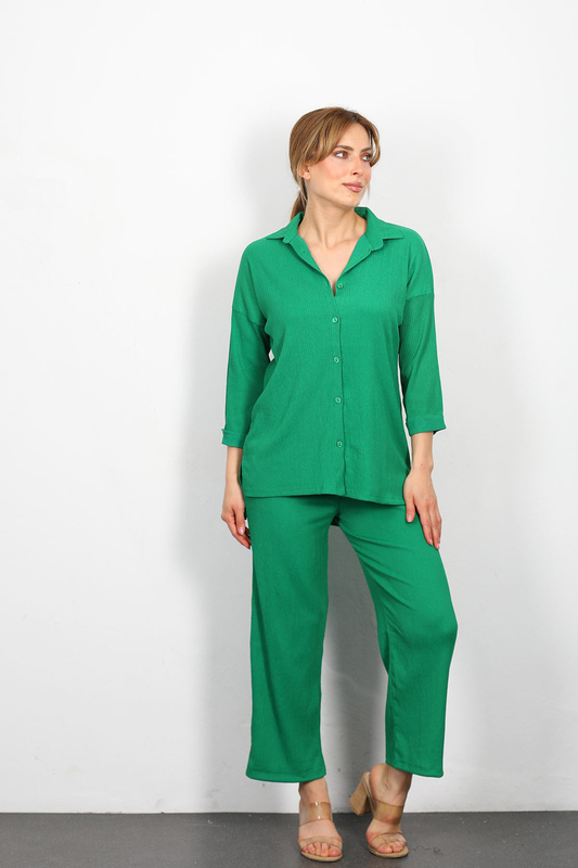 Berox - Duble Kol Kadın Zümrüt Yeşili Bürümcük Gömlek Takım
