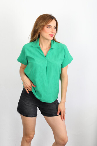 Berox - Duble Kol Yakalı Bürümcük Yeşil Kadın Gömlek (1)