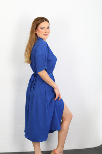 Düğmeli Kadın Saks Mavisi Krinkıl Gömlek Elbise - Thumbnail