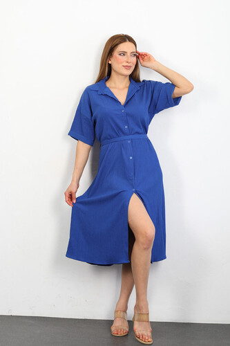 Düğmeli Kadın Saks Mavisi Krinkıl Gömlek Elbise - Thumbnail