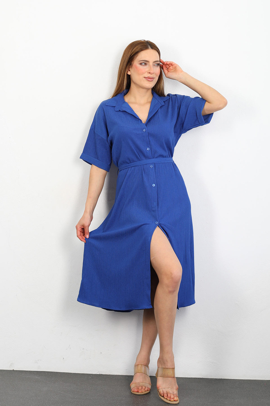 Berox - Düğmeli Kadın Saks Mavisi Krinkıl Gömlek Elbise