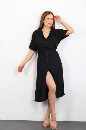 Berox - Düğmeli Kadın Siyah Krinkıl Gömlek Elbise