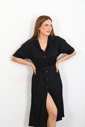 Berox - Düğmeli Kadın Siyah Krinkıl Gömlek Elbise (1)
