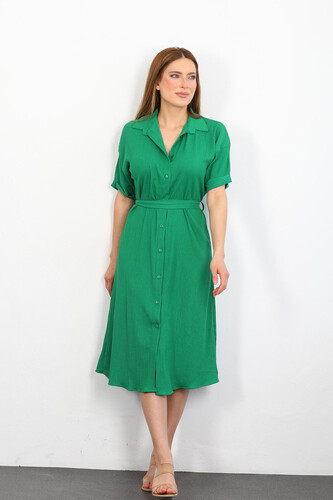 Berox - Düğmeli Kadın Yeşil Krinkıl Gömlek Elbise