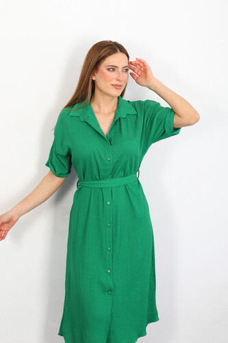 Berox - Düğmeli Kadın Yeşil Krinkıl Gömlek Elbise (1)