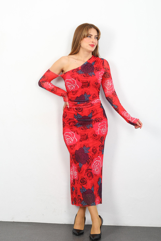 Berox - Düşük Omuz Kırmızı Kadın Rose Elbise