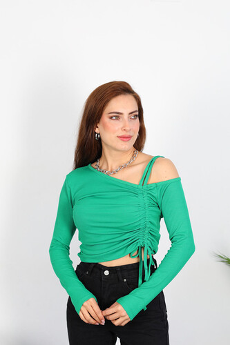 Berox - Düşük Omuz Ön Büzgülü Kadın Yeşil Bluz