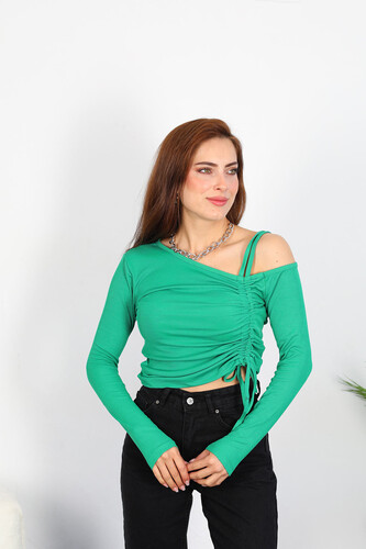 Berox - Düşük Omuz Ön Büzgülü Kadın Yeşil Bluz (1)