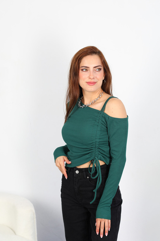 Berox - Düşük Omuz Ön Büzgülü Kadın Zümrüt Yeşili Bluz (1)