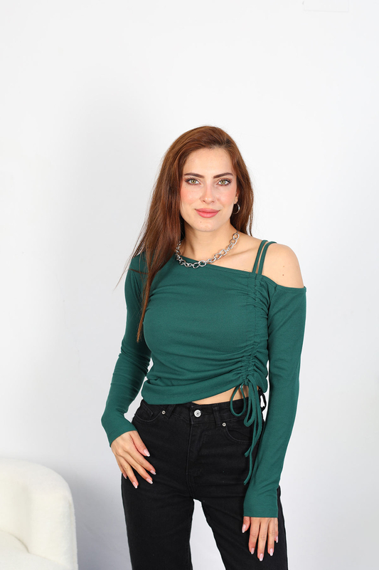 Berox - Düşük Omuz Ön Büzgülü Kadın Zümrüt Yeşili Bluz