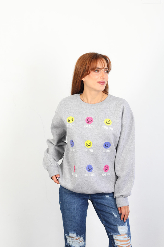 Berox - Emoji Baskılı Kadın Gri İki İplik Sweatshirt