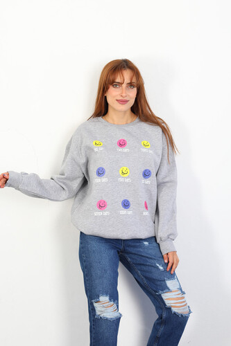 Berox - Emoji Baskılı Kadın Gri İki İplik Sweatshirt (1)