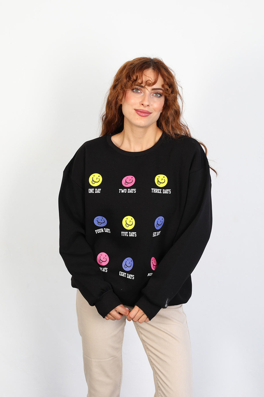 Berox - Emoji Baskılı Kadın Siyah İki İplik Sweatshirt (1)