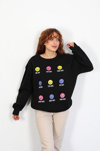 Emoji Baskılı Kadın Siyah İki İplik Sweatshirt - Thumbnail