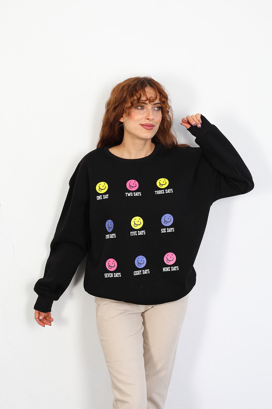 Berox - Emoji Baskılı Kadın Siyah İki İplik Sweatshirt
