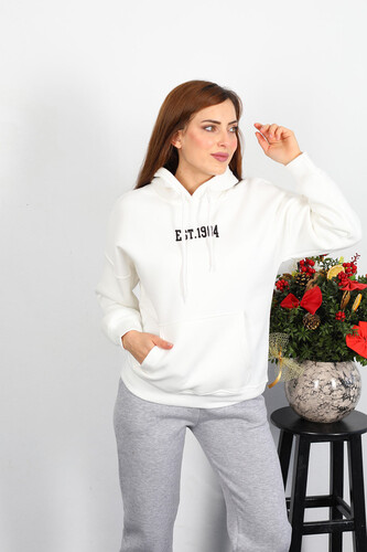 Berox - Est 1984 Yazı Nakışlı Kadın Beyaz Kapüşonlu Şardonlu Sweat