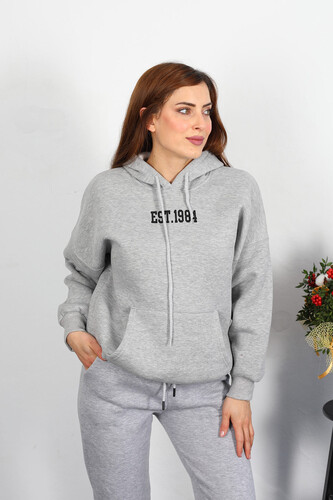 Berox - Est 1984 Yazı Nakışlı Kadın Gri Kapüşonlu Şardonlu Sweat (1)