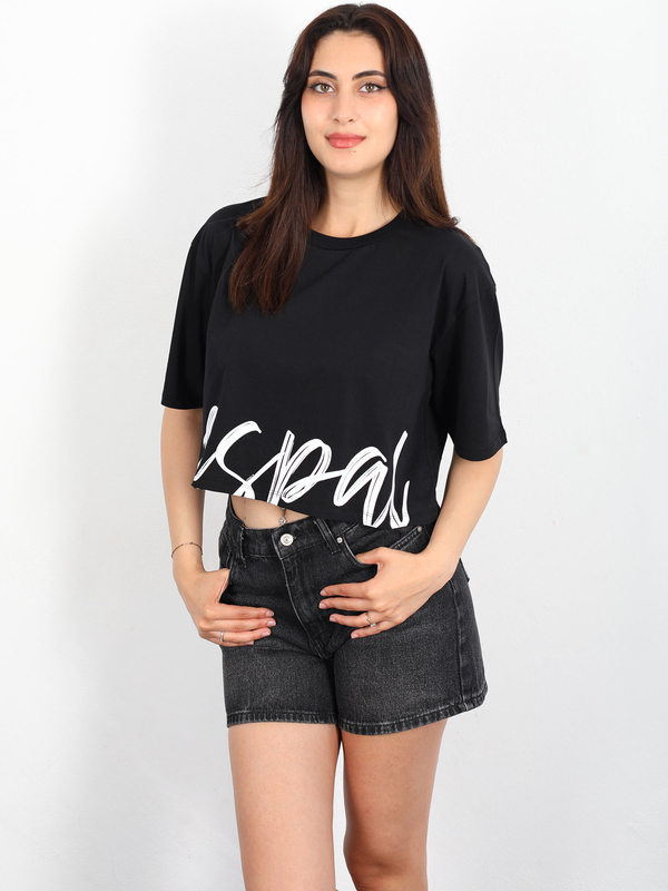 Berox - Eteği Jaspal Baskılı Siyah Kadın T-shirt