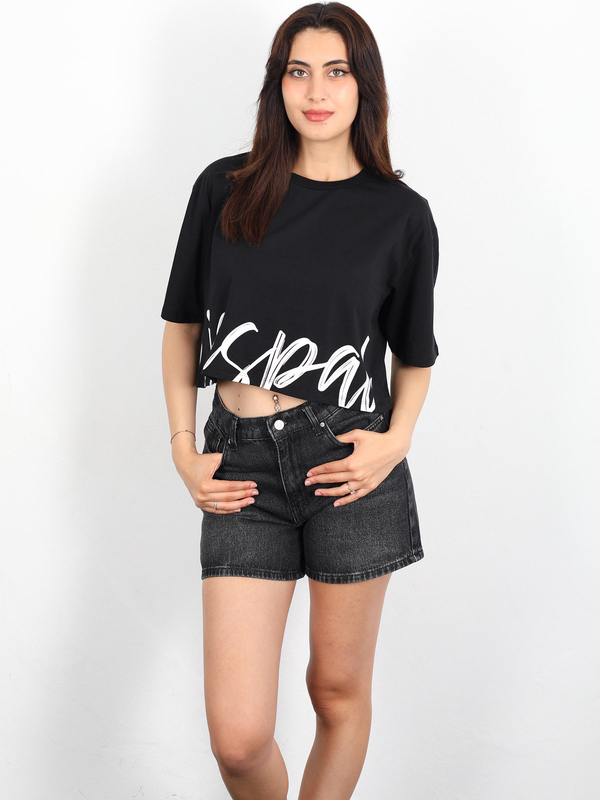 Berox - Eteği Jaspal Baskılı Siyah Kadın T-shirt (1)