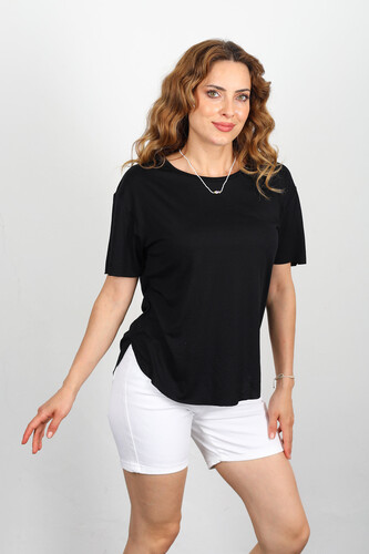 Berox - Eteği Oval Basic OYSH Siyah Kadın T-shirt (1)