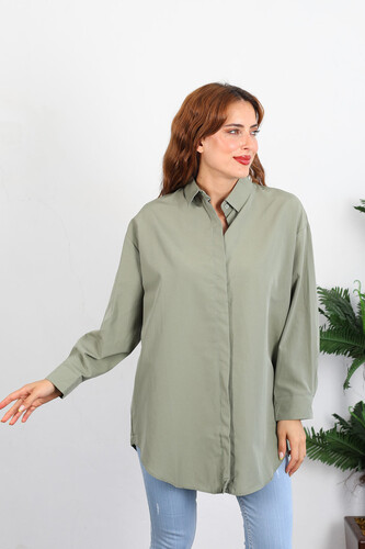 Berox - Eteği Oval Kadın Haki Oversize Terikoton Gömlek