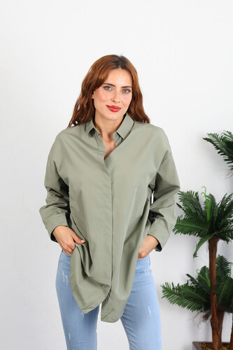 Berox - Eteği Oval Kadın Haki Oversize Terikoton Gömlek (1)