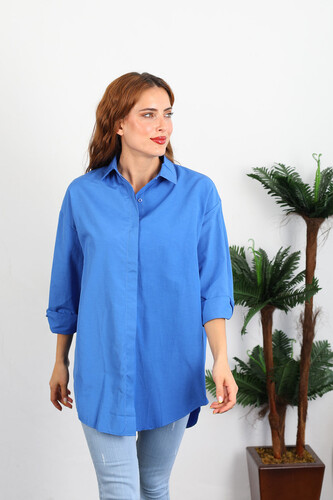 Berox - Eteği Oval Kadın Marin Oversize Terikoton Gömlek (1)